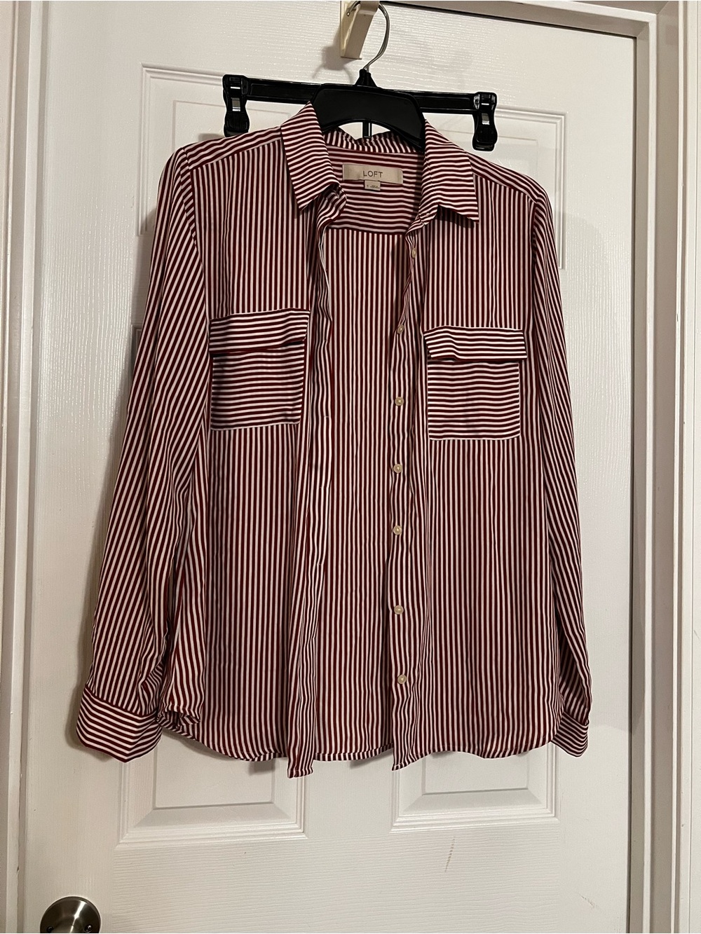LOFT Striped Button-Up Blouse in Burgundy and White - Picture 2 of 3